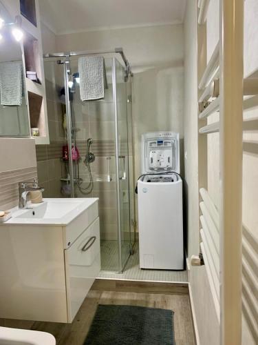 a bathroom with a shower and a white refrigerator at Central and beautiful flat in Focşani