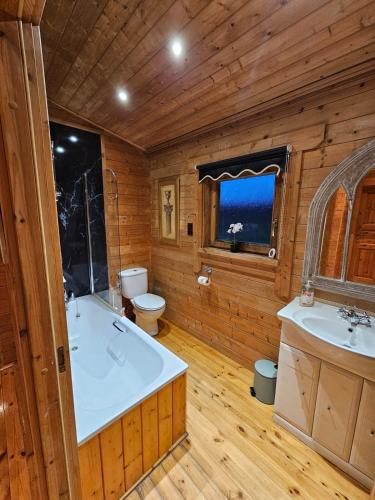 a bathroom with a tub and a toilet and a sink at Kingfisher Lodge, Lakeside Lodges in Dulverton