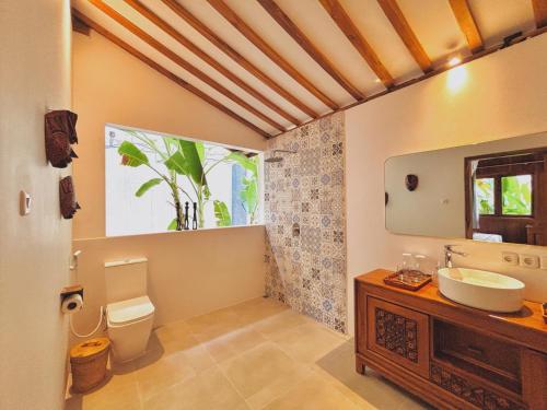 ein Badezimmer mit Toilette, Waschbecken und Spiegel in der Unterkunft mata villas gili trawangan in Gili Trawangan
