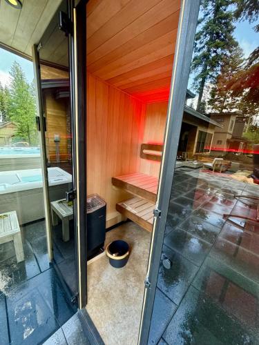 an outside view of a sauna in a house at Violet Retreat in McCall