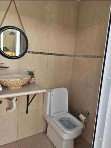 a bathroom with a toilet and a sink and a mirror at Refugio de montaña in La Rioja