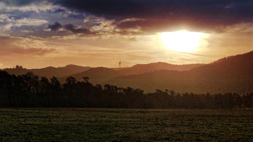 a sunset over a field with mountains in the background at Alte Mühle Kelbra - ehemalig ALBIG in Kelbra