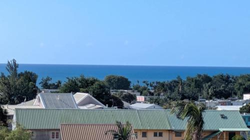 a view of houses with the ocean in the background at Studio 39m2 vue mer & parking privé in Saint-Denis