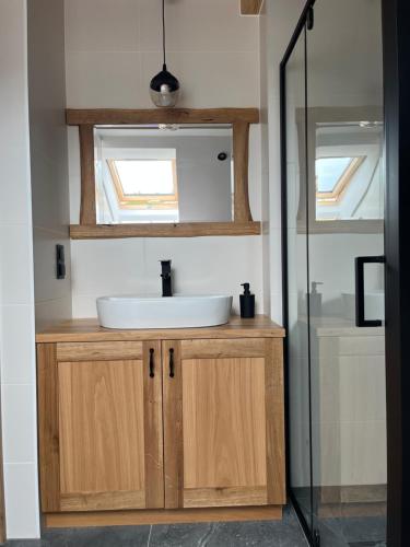 a bathroom with a sink and a mirror at Siedlisko pod Lasem in Józefów