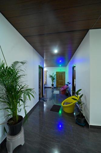 a hallway with potted plants in a house at Elephant path Coorg villas in Suntikoppa