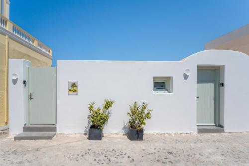 a white building with two doors and two potted plants at The lemon tree studio in Fira