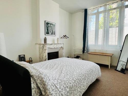 a white bedroom with a bed and a fireplace at T2 avec beaucoup de cachet in Saint-Quentin