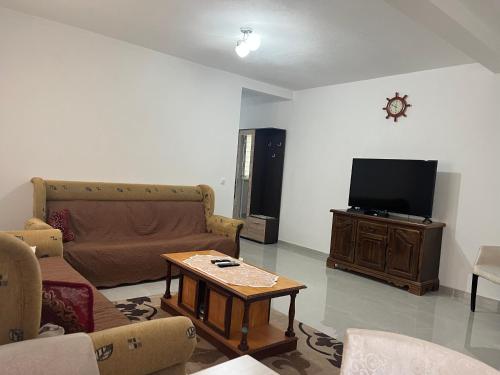 a living room with a couch and a tv at Stan Bijela Kuca in Sutomore