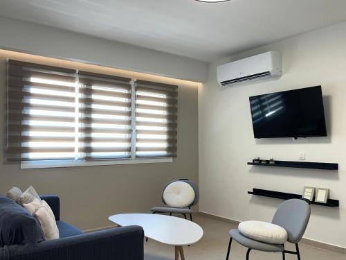 a living room with a couch and a tv at M P A Luxury Apartment A1 in Agios Nikolaos