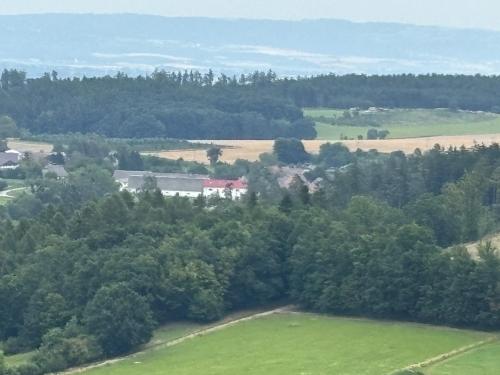 an aerial view of a farm in a field at Ubytování na tvrzi in Olomouc