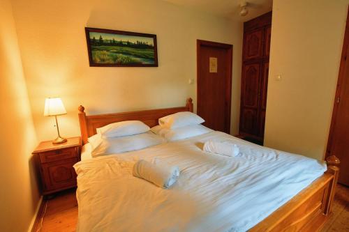 a bedroom with a large bed with white sheets and pillows at Hotel Na Vyhlídce in Kořenov