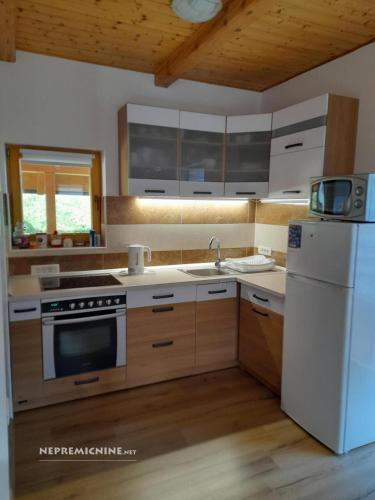 a kitchen with a white refrigerator and a stove at Romantic cabin in the woods - Fesnga, Slovenia in Slovenj Gradec