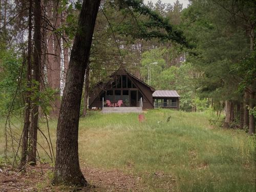 a house in the middle of a field with trees at The River Cabin in Mauston