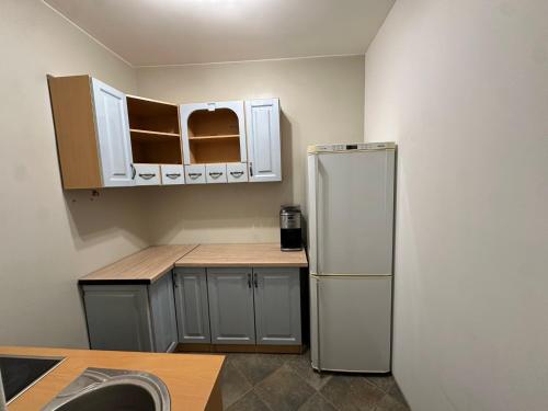 a kitchen with a refrigerator and white cabinets at Historic Tow Center Apartment in Bolesławiec