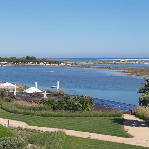 a view of a body of water with white swans at Casa Vista Mar in Fuzeta