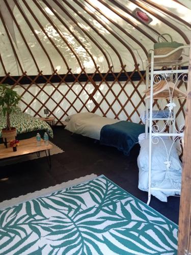 a yurt with two beds and a shelf in it at Bewley Glamping in Wambrook