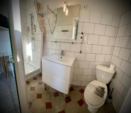 a bathroom with a toilet and a sink and a shower at Hôtel Auberge Provençale in Saint-Raphaël