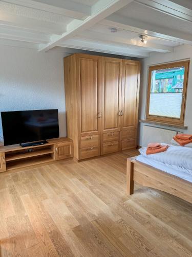 a large room with a tv and a bed and a tvictericter at Ferienwohnung zum Nussbaum in Weimar