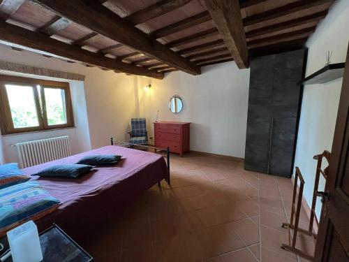 a bedroom with a large bed and a mirror at Casa Scovaventi Sofia in Semproniano