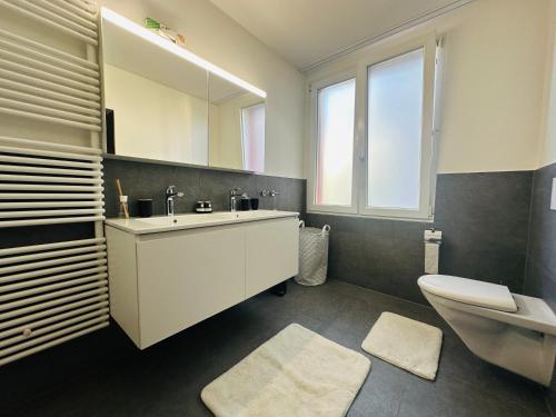 a bathroom with a sink and a toilet and a mirror at Exklusives Apartment mit traumhaftem Seeblick & Balkon in Rorschach