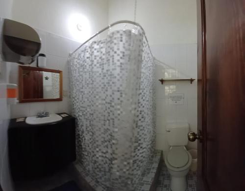 a bathroom with a shower with a toilet and a sink at Hotel El Recreo Lanquín-Champey in Lanquín