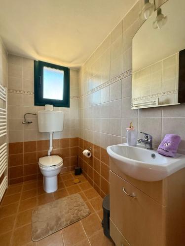 a bathroom with a sink and a toilet and a window at The Twin Houses in Metamórfosis
