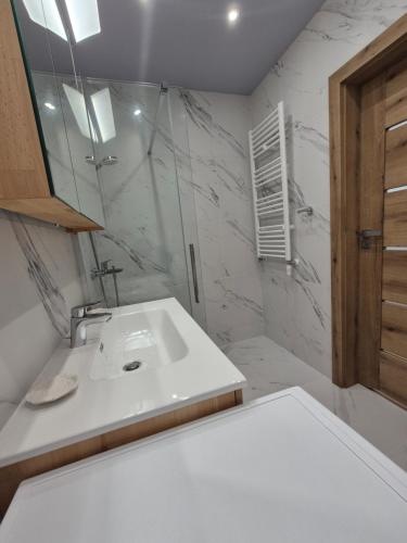 a white bathroom with a sink and a shower at Maczka Apartament in Łódź