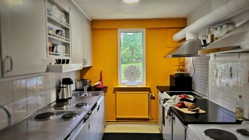 a kitchen with a stove and a sink and a window at Orrefors Vandrarhem in Nybro