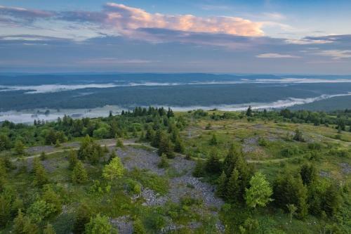 an aerial view of a field with trees and a river at Panorama Point - Gorgeous views, hot tub, theater in Davis