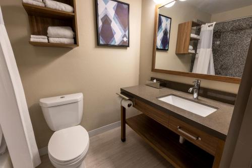 a bathroom with a toilet and a sink and a mirror at Sonesta ES Suites Lafayette Airport in Lafayette
