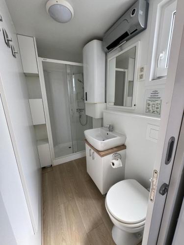 a small bathroom with a toilet and a sink at Luxury Houseboat Lavender in Portorož