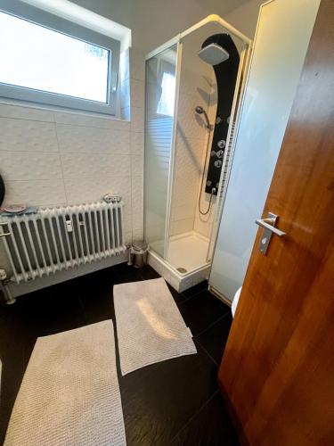a bathroom with a shower and a wooden door at Apartment Mary Mehlmeisel in Mehlmeisel