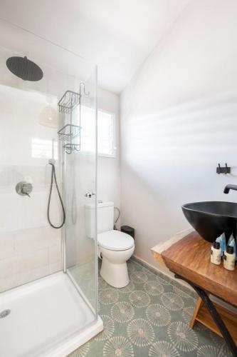 une salle de bain avec une douche, des toilettes et un lavabo dans l'établissement בקתת המפל, à Eli Ad