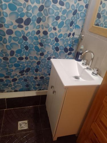 a bathroom with a sink and a blue and white wall at Casas de montañas in Uspallata