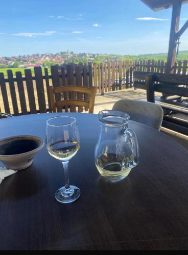 a table with a glass of wine and a vase at Vinný sklípek s ubytováním in Bořetice