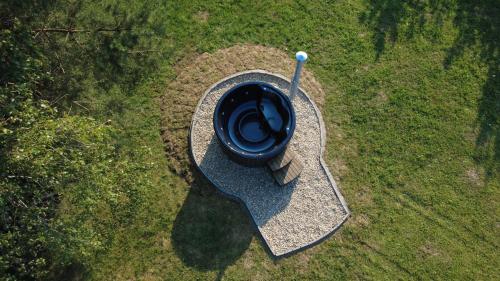 an overhead view of a black object in the grass at Casa Tirol Campulung in Cîmpulung