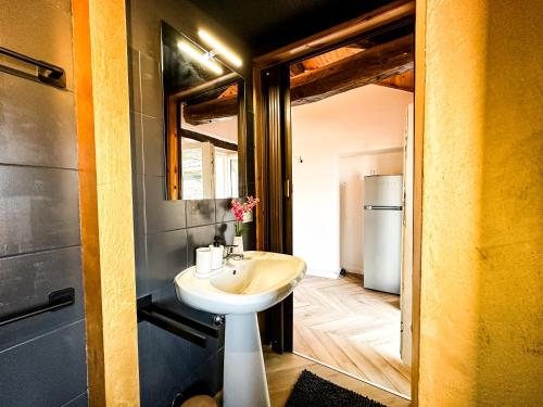 a bathroom with a sink and a refrigerator at Suite del Castello in Massino Visconti