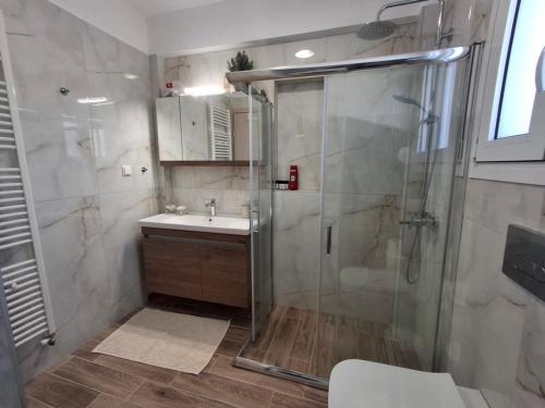 a bathroom with a shower and a sink at Luxury Maisonette in Ioannina