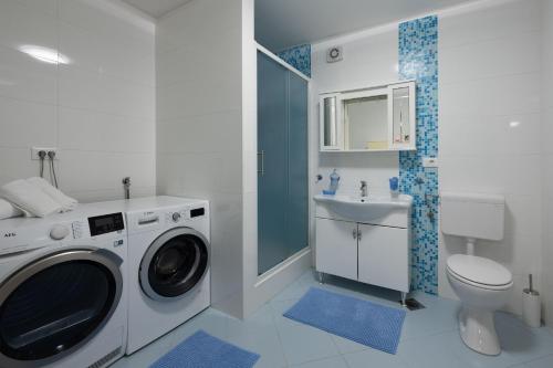a bathroom with a washing machine and a toilet at Villa Kadore in Višnjan