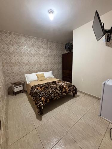 a bedroom with a bed and a television in it at Suíte Aconchego 2 in Miguel Pereira
