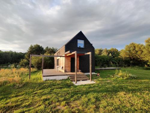 a small house with a black roof in a field at Dom Szumią Wierzby in Szumlin
