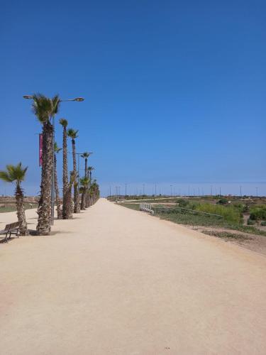 a dirt road with palm trees on the beach at Studio Moderne avec Vue sur piscine et proche de la plage à Ocean Park Zenata Eco City in Aïn Harrouda