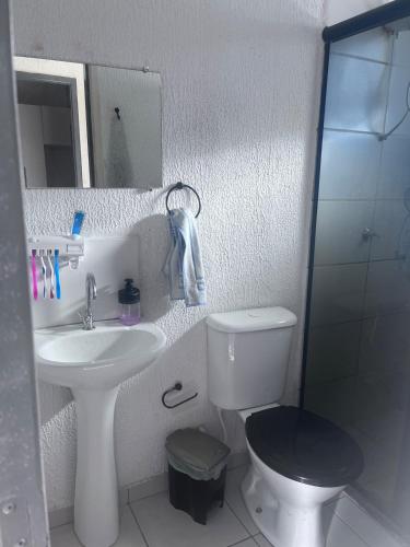 een badkamer met een toilet, een wastafel en een spiegel bij Condomínio Moradas Club Rios do Pará COP 30 in Ananindeua