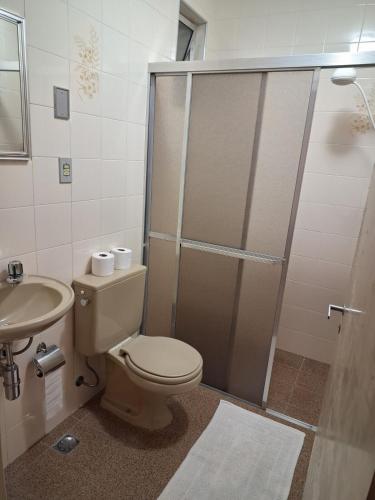 a bathroom with a shower and a toilet and a sink at Apto Fofo com Natureza em Serra Negra in Serra Negra