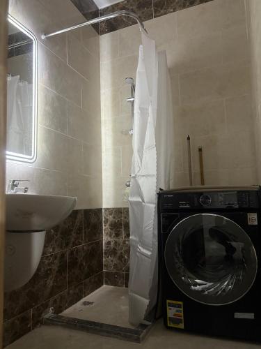 a washing machine in a bathroom next to a sink at La Prestigia chalet in Hurghada