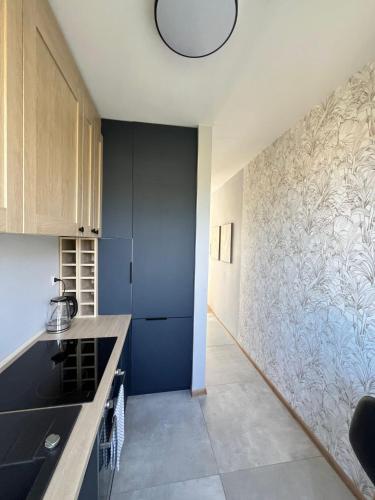 a kitchen with a blue and white wall at Panorama Piaskowa in Wałbrzych