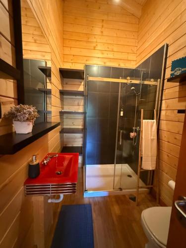 a bathroom with a shower and a red sink at Gerês Nature House Piscina Privada Aquecida 8 Pessoas in Campo do Gerês