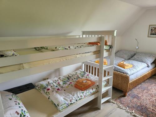 two bunk beds in a room with at Große ruhige Ferienwohnung in Segringen, Dachterasse, Fernblick vom Grundstück in Dinkelsbühl