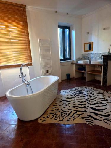 a bathroom with a tub and a zebra rug at Les 2 Drôles d'Oiseaux in Luc-sur-Orbieu