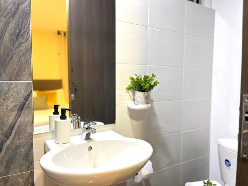 ein Badezimmer mit einem weißen Waschbecken und einem Spiegel in der Unterkunft Terraza Hotel Bogota in Bogotá
